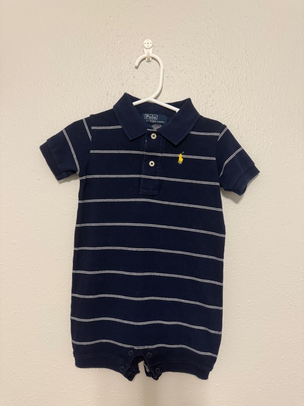 Polo by Ralph Lauren Navy Striped Polo Romper with Yellow Pony
